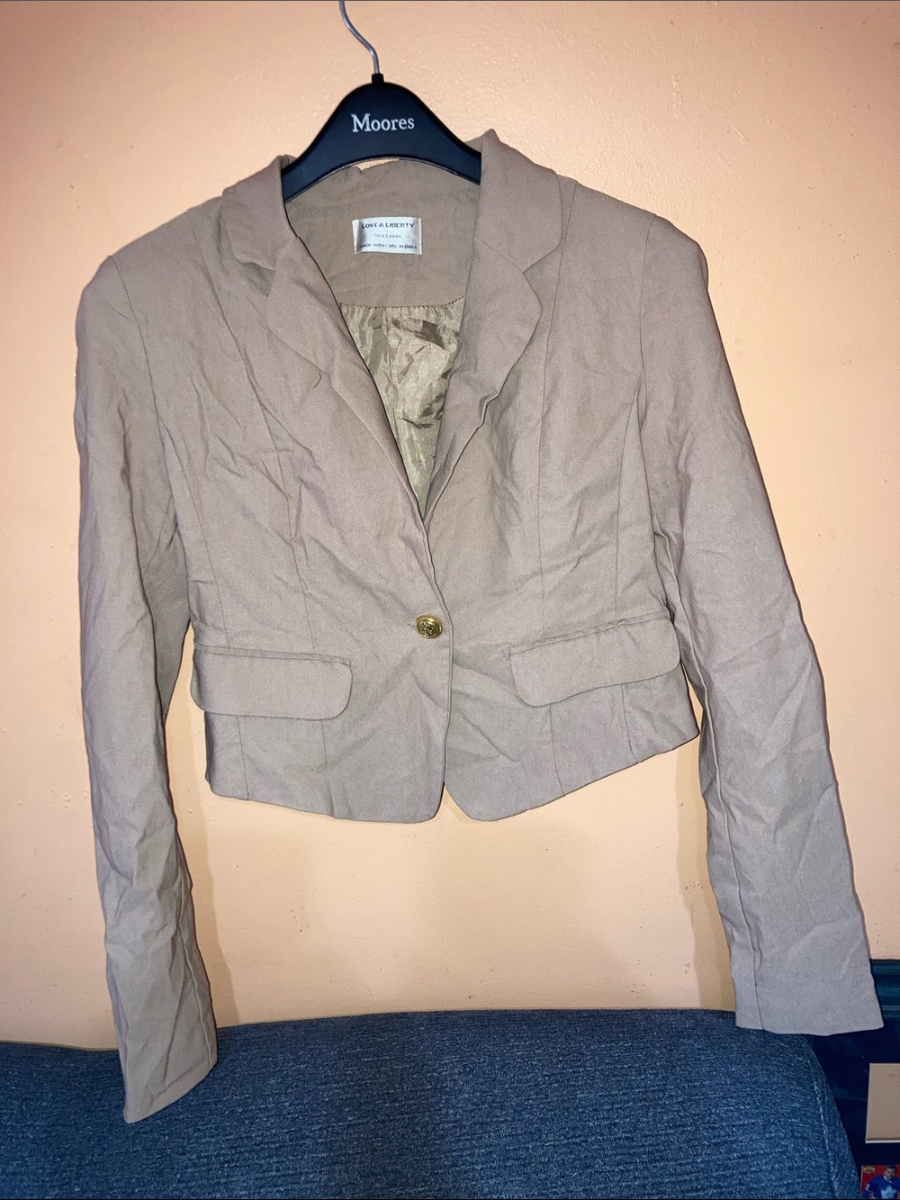 Love & liberty Cropped Beige Blazer with Gold Button